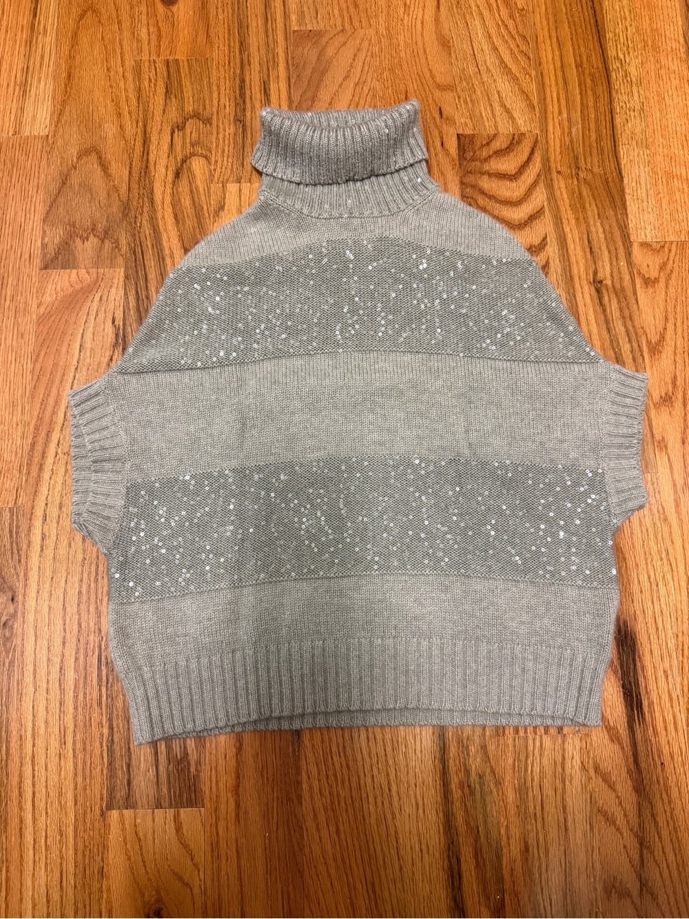 Brunello Cucinelli Gray/Cream Turtleneck Sweater Vest with Sequin Stripe